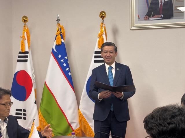 Alisher Abdusalomov Uzbekistan’s ambassador to South Korea speaks at the Embassy of Uzbekistan in Seoul on Aug 26 2026 during an appreciation event for Korean companies supporting the donation of 35 smartboards to educational institutions in Uzbekistan AJP Ryu Yuna