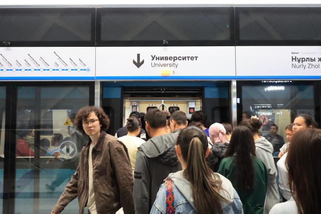 Passengers wait for a train at University station on Astanas light rail transit system AJP Han Jun-gu