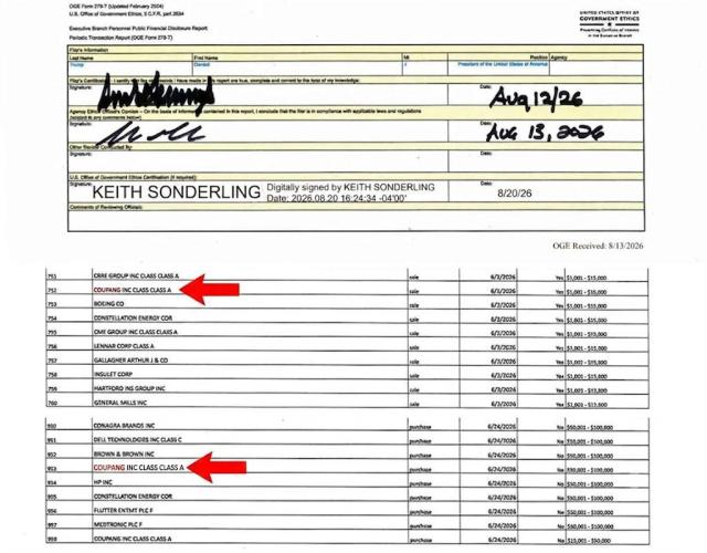 Trump traded Coupang shares again in June, raising fresh conflict of interest concerns