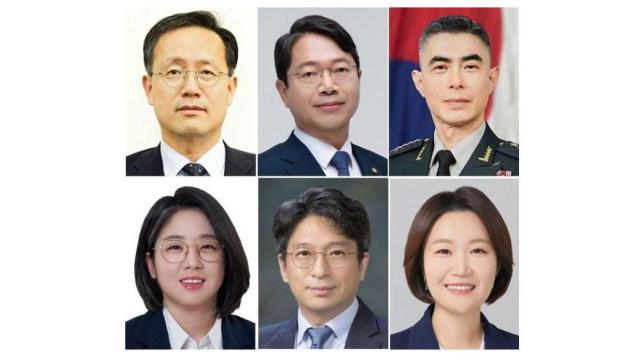 윗줄 왼쪽부터재정경재부 장관 후보로 지명된 이형일 1차관 법무부 장관 후보로 지명된 김승원 더불어민주당 의원 국방부 장관 후보로 지명된 강신철 전 연합사 부사령관 아랫줄 왼쪽부터 성평등가족부 장관 후보로 지명된 용혜인 기본소득당 의원 국토부 장관 후보로 지명된 홍지선 2차관 중소벤처기업부 장관 후보로 지명된 이소영 더불어민주당 의원 사진청와대