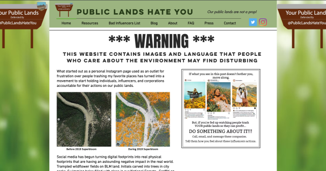 Captured photo of the official webpage of Public Lands Hates You 