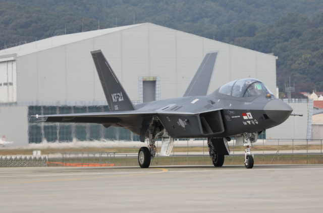 A KF-21 Boramae fighter taxis at Korea Aerospace Industries’ facility in Sacheon South Korea Photo by Gordon ArthurDefense News