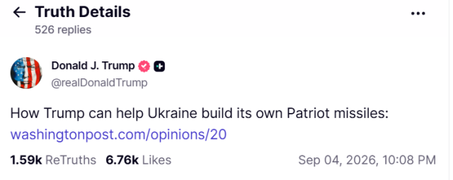 screen grab of Truth Social post on Sept 4 2026