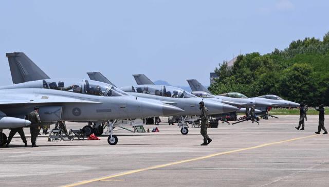 FA-50 fighter jets prepare for takeoff at an Air Force base in Cheongju on June 16 2026 Egypt which has acquired K9 self-propelled howitzers is also discussing the potential purchase of FA-50s with South Korea Courtesy of the Republic of Korea Air Force