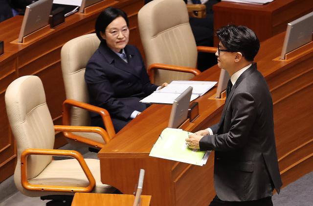 무소속 한동훈 의원이 10일 국회에서 열린 제439차 정기회 본회의에서 외교ㆍ통일ㆍ안보 분야 대정부 질문을 마친 뒤 한성숙 국무총리 옆으로 지나가고 있다 한 의원은 이날 기자들 상대로 가진 기자회견 도중 국무총리실 직원이 소속을 밝히지 않은 채 일반인인 것처럼 질문했다며 야당 의원 사찰 의혹을 제기했다 사진연합뉴스