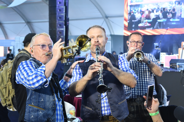 Members of a German brass band perform among festivalgoers inside the Big Tent during Oktoberfest Seoul 2026 at Oil Tank Culture Park in western Seoul on Sept 12 2026 AJP Joonha Yoo