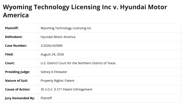 Wyoming Technology Licensing v Hyundai Motor America 자료JUSTIA