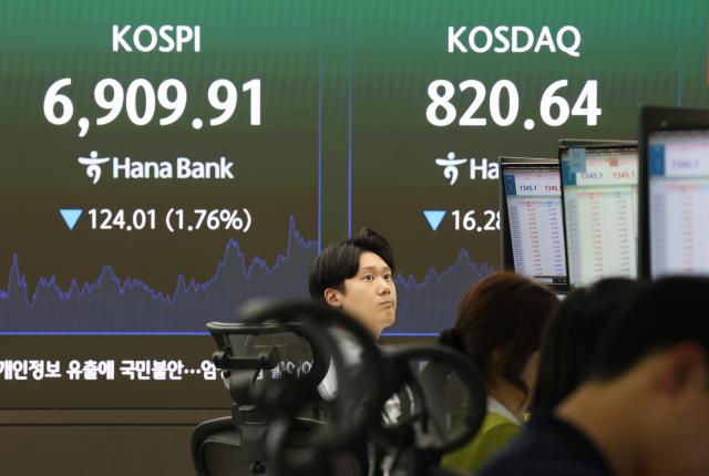 지난 11일 서울 중구 하나은행 딜링룸 현황판에 코스피와 코스닥지수가 표시되고 있다 이날 코스피는 전 거래일 대비 12401포인트176 내린 690991로 코스닥 지수는 1628포인트195 내린 82064로 장을 마쳤다 사진연합뉴스