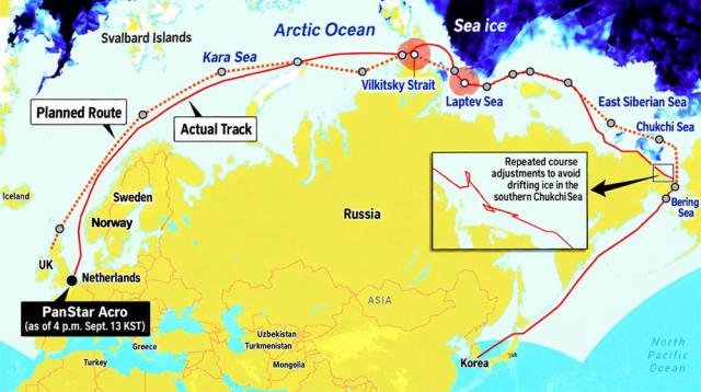The red line shows the PanStar Acro’s route from Busan to Rotterdam with red circles marking rough-weather and sea-ice zones in the Laptev Sea and Vilkitsky Strait Source Busan Ilbo Graphics by AJP Song Ji-yoon