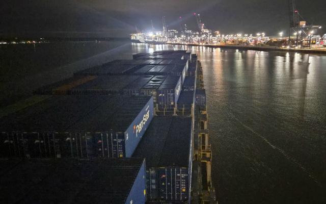 The PanStar Acro South Korea’s first container ship to conduct a trial voyage along the Northern Sea Route arrives at the Port of Felixstowe in the United Kingdom at around 5 am on Sept 12 21 days after departing Busan New Port Courtesy of PanStar Group