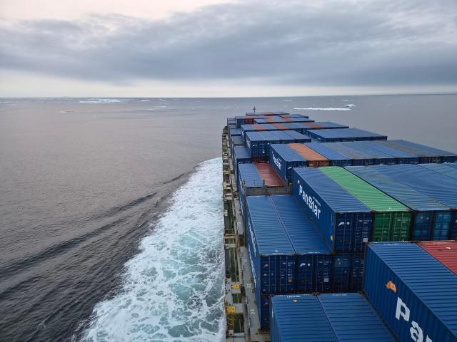 The PanStar Acro a container ship conducting a trial voyage along the Northern Sea Route sails through the Arctic Ocean on Aug 31 2026 Courtesy of the Ministry of Oceans and Fisheries
