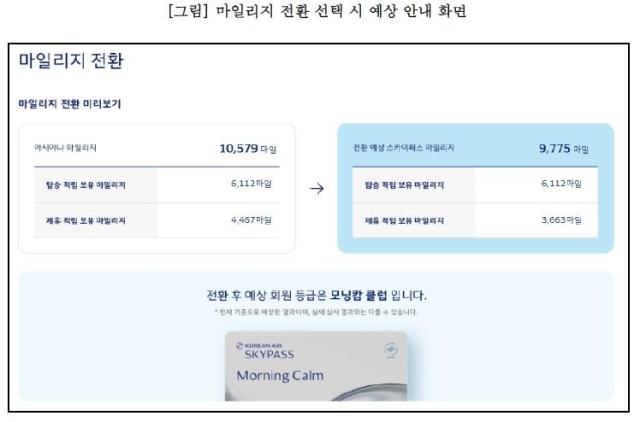 A sample screen shows how Asiana Airlines mileage could be converted into Korean Air SKYPASS miles under the proposed integration plan Courtesy of the Korea Fair Trade Commission