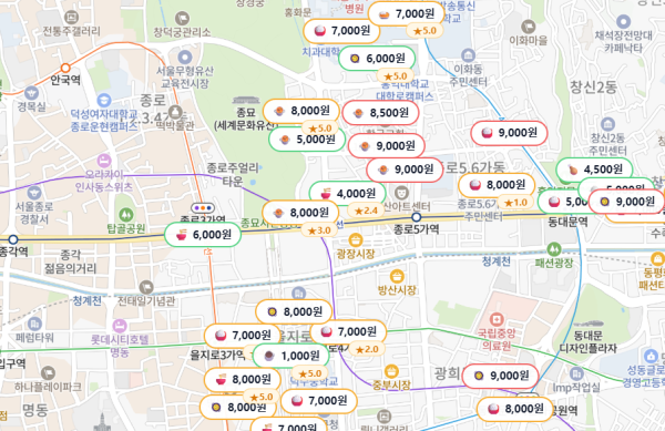 거지맵에서 확인한 서울 종로구 내 1만원 이하 식당 목록 사진거지맵 화면 갈무리