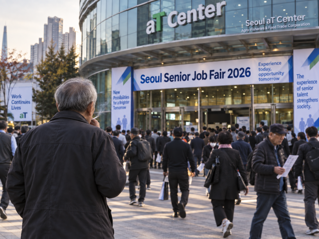 An AI-generated illustration depicts an elderly job seeker smoking outside the aT Center in Seocho-gu Seoul where the Seoul Senior Job Fair 2026 was held Sept 17 2026 The image depicts a 75-year-old man identified only by his surname Kim smoking outside the venue after attending the fair Kim declined to be photographed AJP Lee Jung-woo 