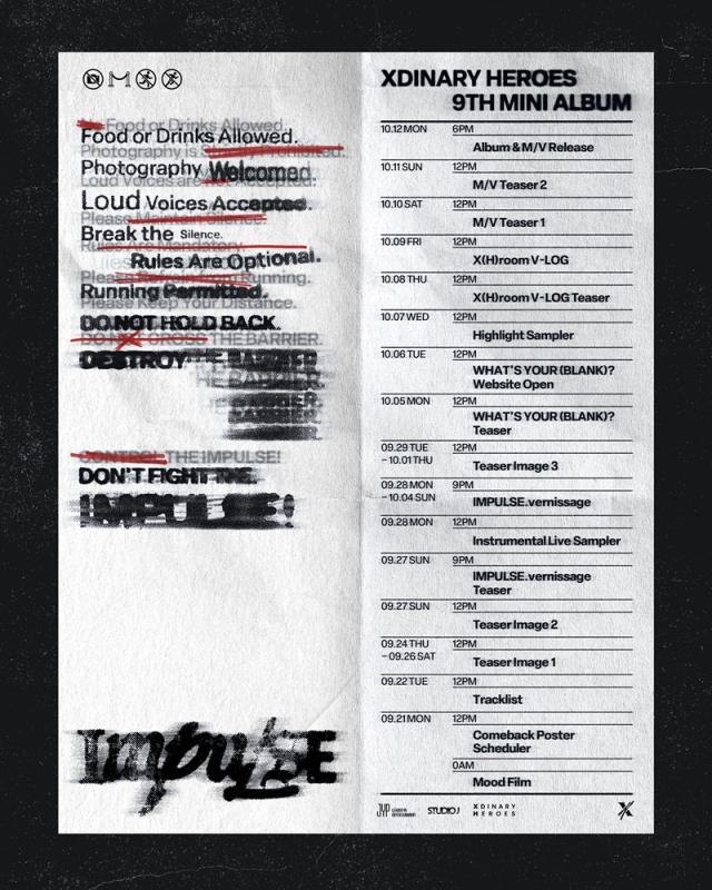 A promotional schedule for Xdinary Heroes 9th mini-album IMPULSE outlining the groups rollout of teasers and content ahead of its Oct 12 release Courtesy of JYP Entertainment