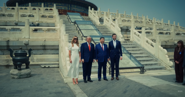 US President Donald Trump second from left and Chinese President Xi Jinping third from left pose for a photo during Trumps visit to the Temple of Heaven in Beijing China May 14 2026 Screenshot from the White House YouTube channel