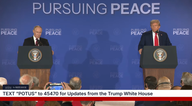 US President Donald Trump right and Russian President Vladimir Putin hold a joint press conference following their summit at Joint Base Elmendorf-Richardson in Anchorage Alaska Aug 15 2025 The talks focused on efforts to end the war in Ukraine Screenshot from the White House YouTube channel