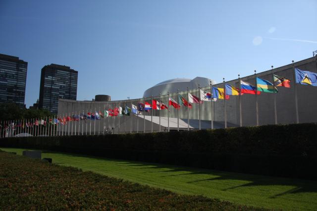 National flags fly outside the United Nations General Assembly building in New York Wikimedia Commons-Yerpo