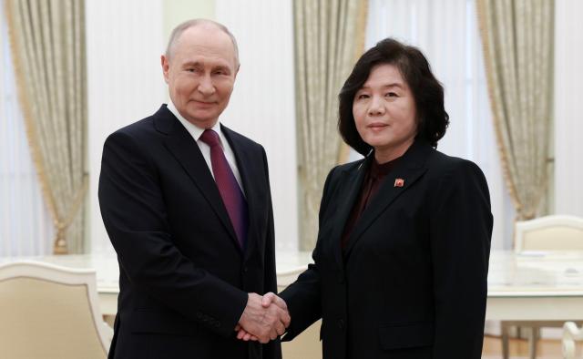 Russian President Vladimir Putin greets North Korean foreign minister Choe Sun hui in July 2026 Courtesy of the Russian presidential office 