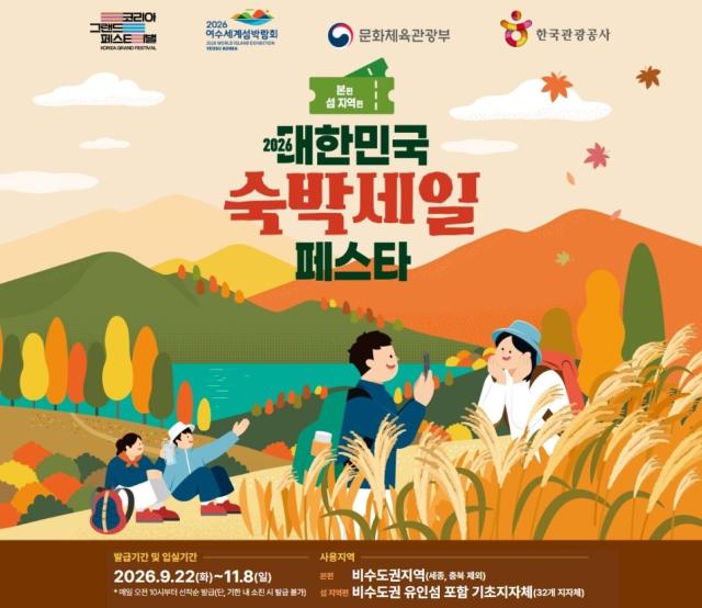 문화체육관광부와 한국관광공사가 추진하는 ‘2026 대한민국 숙박세일 페스타 가을편’ 홍보 포스터 숙박 할인권은 오는 11월 8일까지 매일 오전 10시부터 선착순 발급되며 비수도권과 섬 지역 숙박시설 이용객에게 숙박비 할인 혜택을 제공한다사진전남광주통합특별시