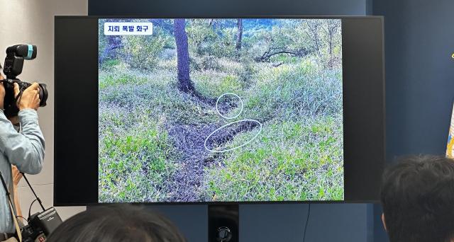 A screen shows two crater-like depressions identified by the South Korean military as the sites of the Sept 21 land mine explosions inside the Demilitarized Zone The image was presented during a Defense Ministry briefing in Seoul on Sept 28 2026 AJP Kim Hee-su