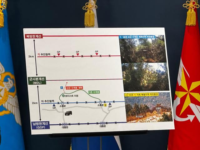 A briefing board illustrates the operational environment inside the Demilitarized Zone including the Military Demarcation Line guard posts existing search routes and the newly cleared route toward the blast area The graphic was presented by South Koreas Joint Chiefs of Staff in Seoul on Sept 28 2026 AJP Kim Hee-su