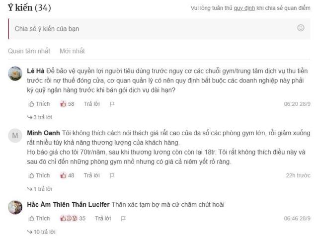 헬스장에 불만을 품고 있는 소비자들 사진VnExpress 댓글 갈무리