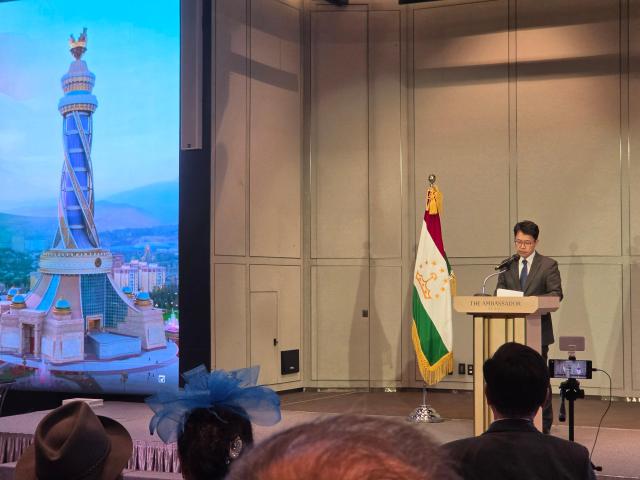 Nam Jin director-general for Northeast Asian and Central Asian Affairs at South Koreas Ministry of Foreign Affairs delivers congratulatory remarks at a reception marking the 35th anniversary of Tajikistans independence at the Ambassador Seoul Hotel in central Seoul on Sept 28 2026 AJP Park Sae-jin