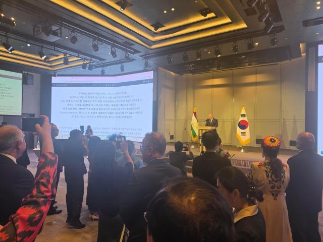 Tajikistans ambassador to South Korea Salohiddin Kirom speaks at a reception marking the 35th anniversary of Tajikistans independence at the Ambassador Seoul Hotel in central Seoul on Sept 28 2026 AJP Park Sae-jin