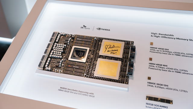 Nvidias Vera Rubin superchip equipped with SK hynixs HBM4 and SOCAMM2 is displayed at the TSMC Open Innovation Platform Conference in Santa Clara California Courtesy of SK hynix