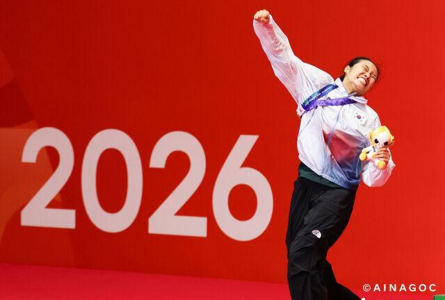 A South Korean badminton player An Se-young celebrates the gold medal at 2026 Aichi-Nagoya Asian Games in Japan Courtesy of AINAGOC