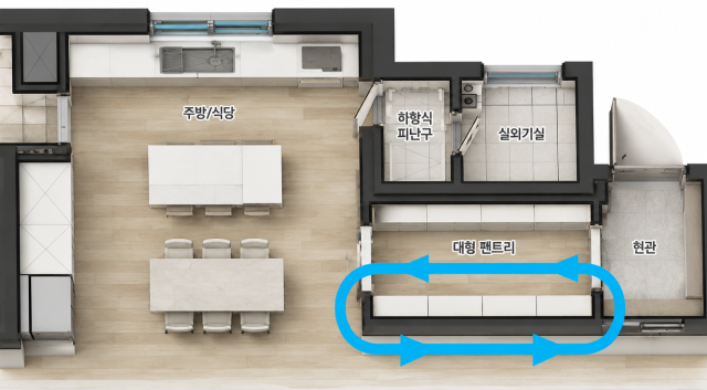 한화포레나 84㎡ 대면형 광폭주방 및 순환형 펜트리 평면도 사진한화 건설부문