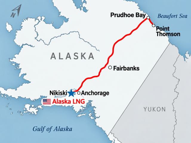 A graphic shows the proposed Alaska LNG pipeline route from Prudhoe Bay and Point Thomson on Alaska’s North Slope to the planned liquefaction terminal in Nikiski south of Anchorage This image is generated by ChatGPT AJP Lee Jung-woo 