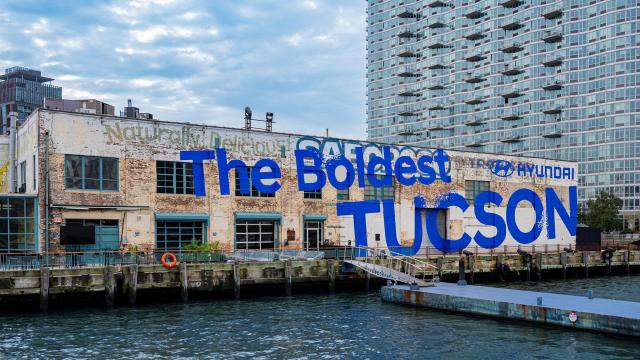 An exterior view of Sound River Studios in New York where Hyundai hosted the world premiere of the all-new Tucson The buildings wall displays the slogan The Boldest Tucson Courtesy of Hyundai Motor Group