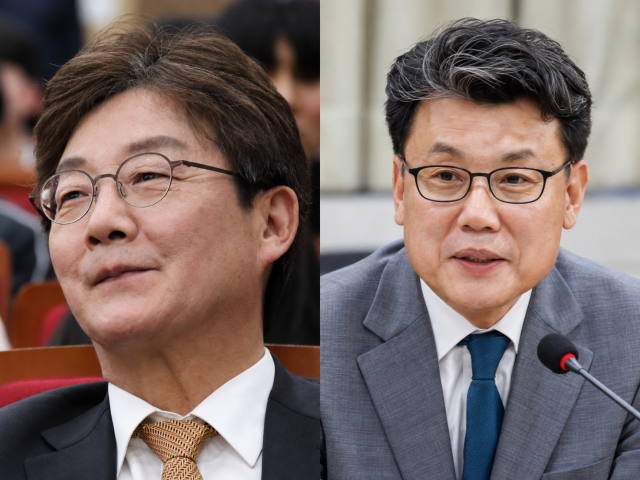 Yoo Seong-min left a former chair of the National Assembly Defense Committee and Jin Seong-joon the committee’s current chair are shown in a composite image The two served together on the Defense Committee during the 19th National Assembly when Yoo chaired the panel 