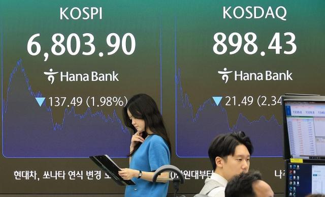 7일 서울 중구 하나은행 본점 딜링룸 현황판에 코스피 지수와 코스닥 지수가 표시되고 있다 이날 코스피 지수는 전 거래일보다 13749포인트198 내린 680390에 장을 마쳤다 코스닥 지수는 2149포인트234 내린 89843에 마감했다 사진연합뉴스