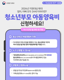 청소년부모 자녀 1인당 월 25만원 지원...내년부터 대상 확대