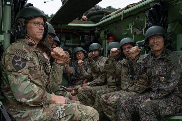 US Army Command Sgt Maj Jack Love US Forces Korea Senior Enlisted Advisor right along with US and ROK senior leaders pose inside an AAVP-7A1 Amphibious Assault Vehicle during the Ulchi Freedom Shield Battlefield Circulation on Aug 22 2024 US Army photo by Sgt Xavier Legarreta