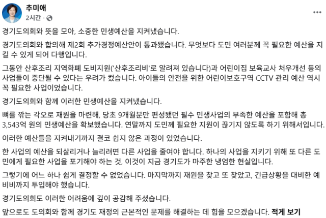 사진추미애 지사 SNS 캡처