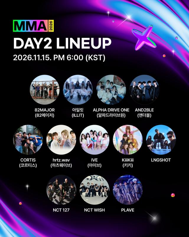 The official lineup poster for the second day of the 2026 Melon Music Awards MMA2026 scheduled for Nov 15 at Gocheok Sky Dome in Seoul features IVE CORTIS NCT 127 NCT WISH and other K-pop acts Courtesy of Kakao Entertainment
