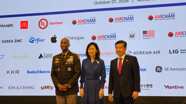 From left USKF Commander Gen Xavier Bruson US Ambassador to South Korea Michelle Park Steel and AmCham Chairman James Kim at a special luncheon hosted by AmCham on Oct 21 2026 AJP Lee Jung-woo