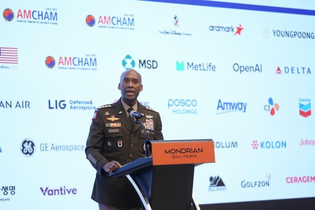 USFK Commander Gen Xavier Brunson speaks at a special luncheon hosted by the AmCham Korea on Oct 21 2026 