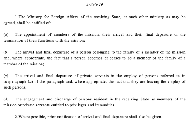 비엔나 협약 vienna convention on diplomatic relations 10조 출처UN