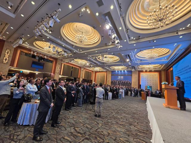 Guests listen as Uzbek Ambassador Alisher Abdusalomov speaks at a reception marking the 35th anniversary of Uzbekistan’s independence at Lotte Hotel Seoul on Oct 21 2026 AJP Park Sae-jin