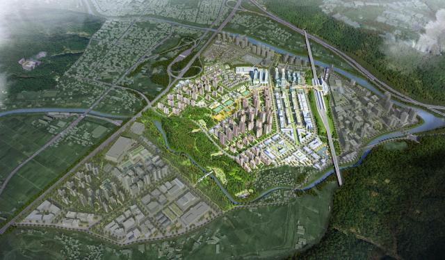 ウルサン複合都市開発のウルサン駅周辺ニュオンシティの鳥瞰図。写真=ウルサン複合都市開発提供