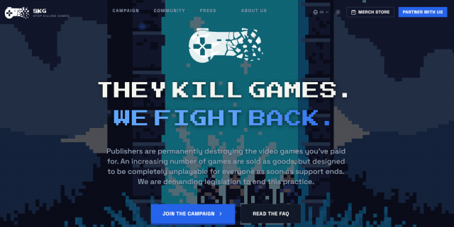 Stop Killing GamesSKG 공식 홈페이지 로비 화면 사진인터넷 캡처