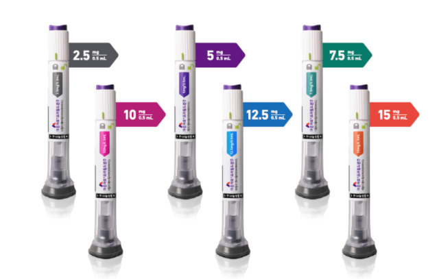 A promotional image shows six dosage strengths of an injectable weight-loss treatment, ranging from 2.5 mg to 15 mg. Screenshot from X