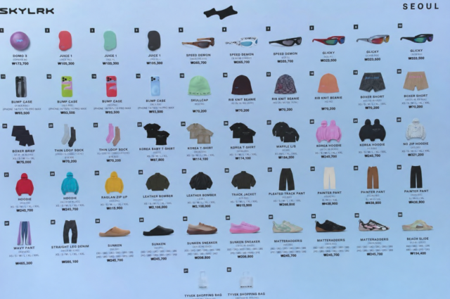 Photo of goods being sold at the SKYLRK Pop up in Seongsus. AJP Joonha Yoo