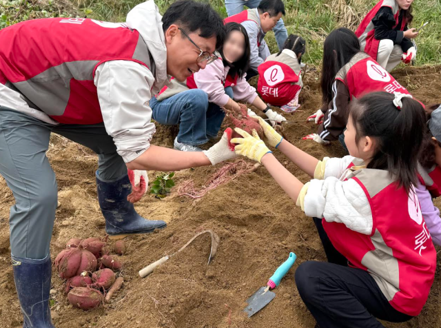 롯데건설 ‘샤롯데 봉사단’이 지난 24일 서울 강서구 개화동 일대 텃밭에서 농작물을 수확하고 있다 사진롯데건설