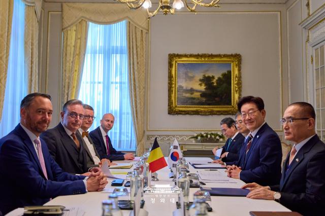 Belgian Deputy Prime Minister and Foreign Minister Maxime Prévot far left Belgian Prime Minister Bart De Wever second from left and South Korean President Lee Jae Myung second from right attend bilateral talks at the Belgian prime ministers official residence in Brussels on June 10 2026 Courtesy of Cheong Wa Dae 